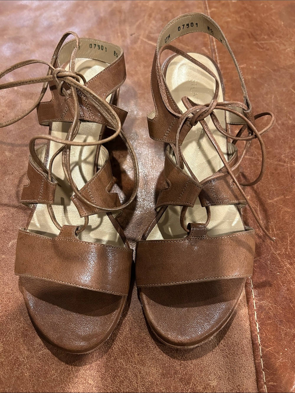 Stuart Weitzman Brown Leather Lace-Up Block Heel Sandals